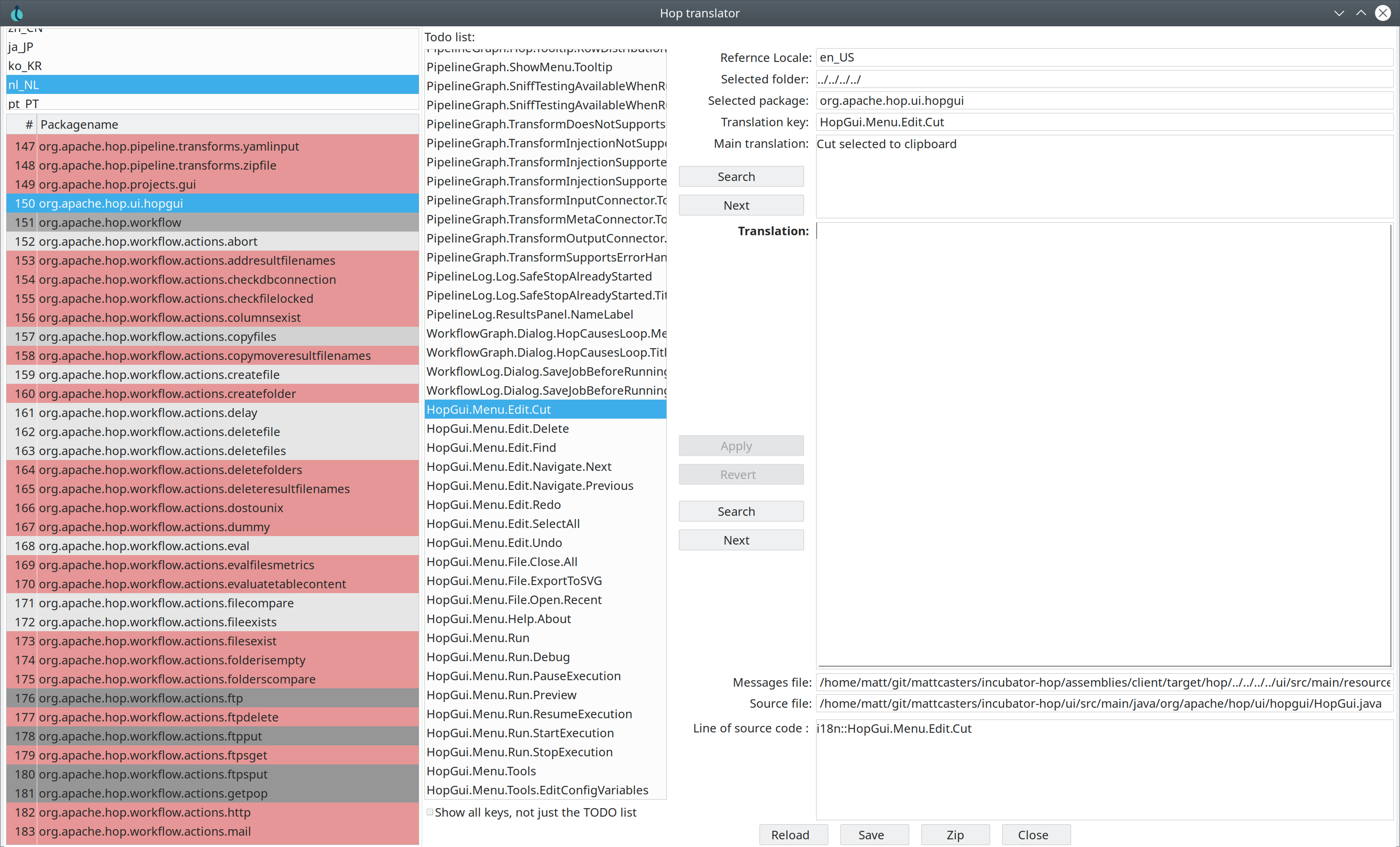 Hop Translator main window after selecting a package and the nl_NL locale