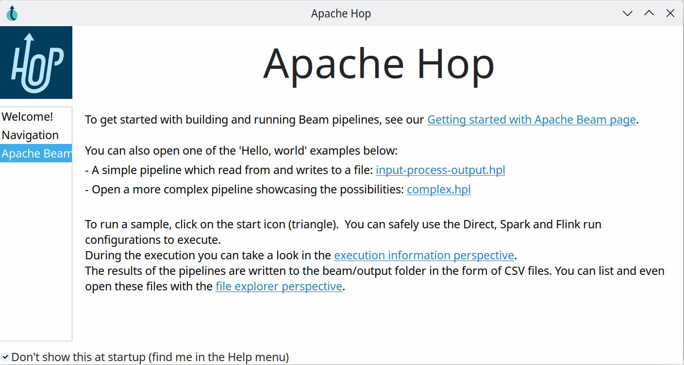 Hop GUI - Apache Beam welcome dialog