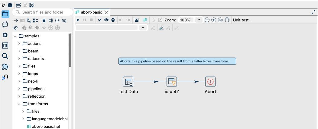 The Hop GUI: a pipeline named abort-basic on the design canvas, with Test Data, a filter and an Abort transform joined by hops, and the project file explorer alongside.
