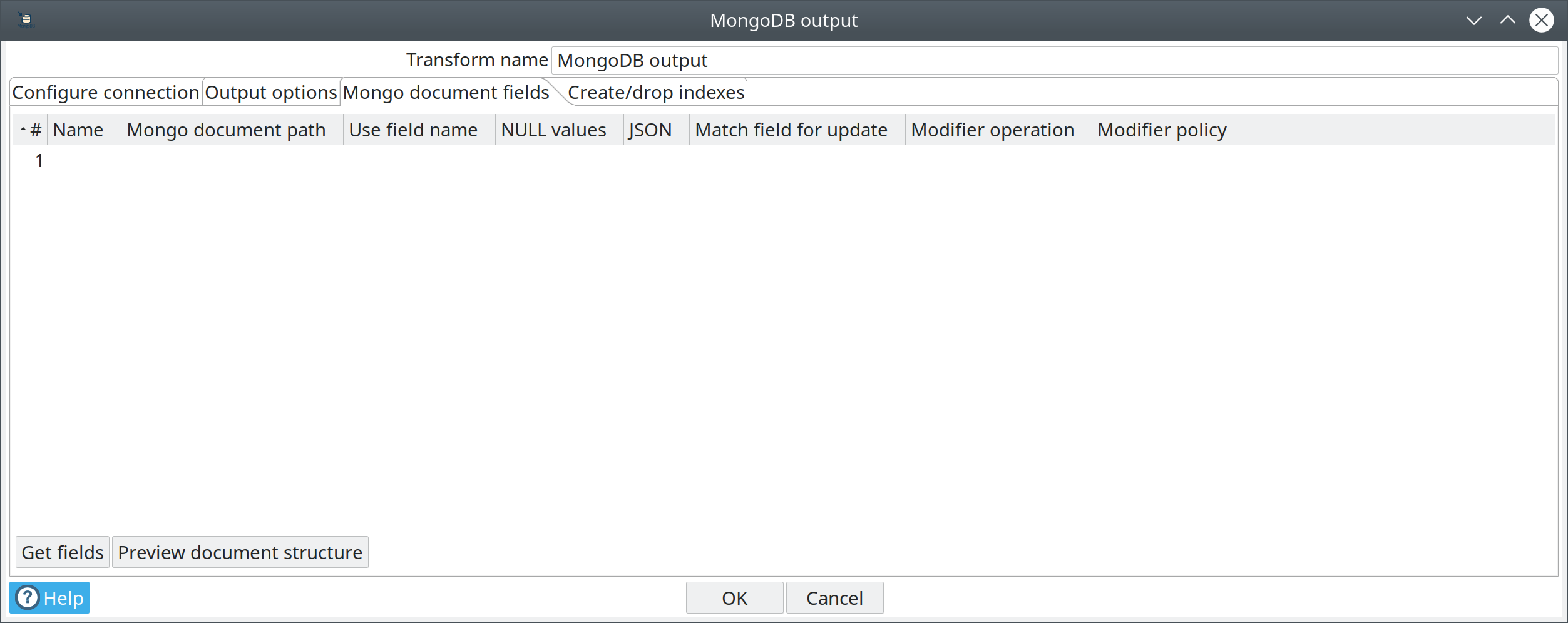 mongodb output screenshot fields tab