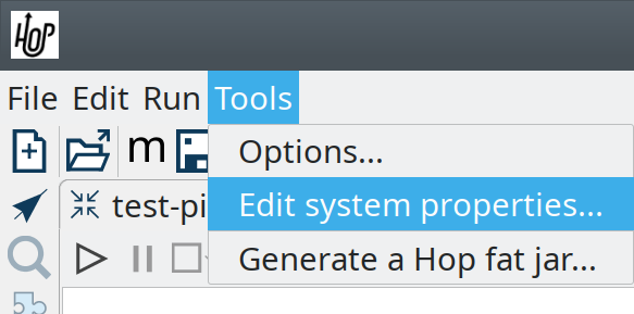 The system properties menu in Hop GUI