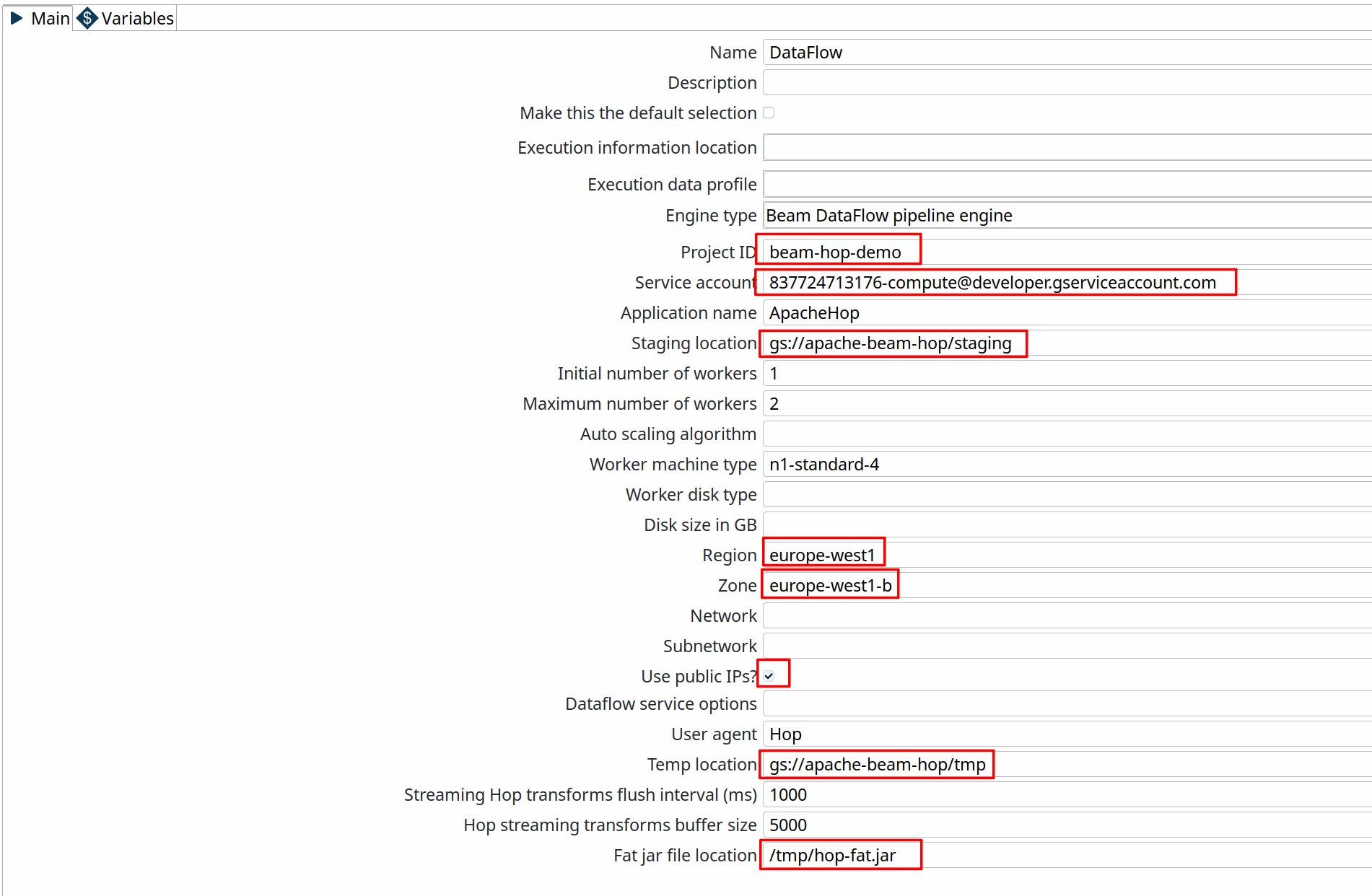 Dataflow Run Configuration