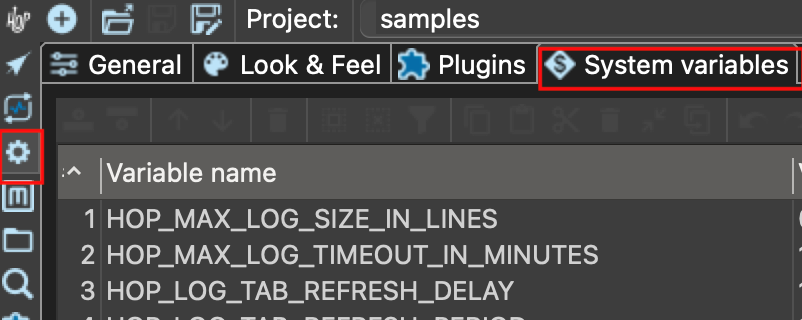 The system variables tab in Hop GUI