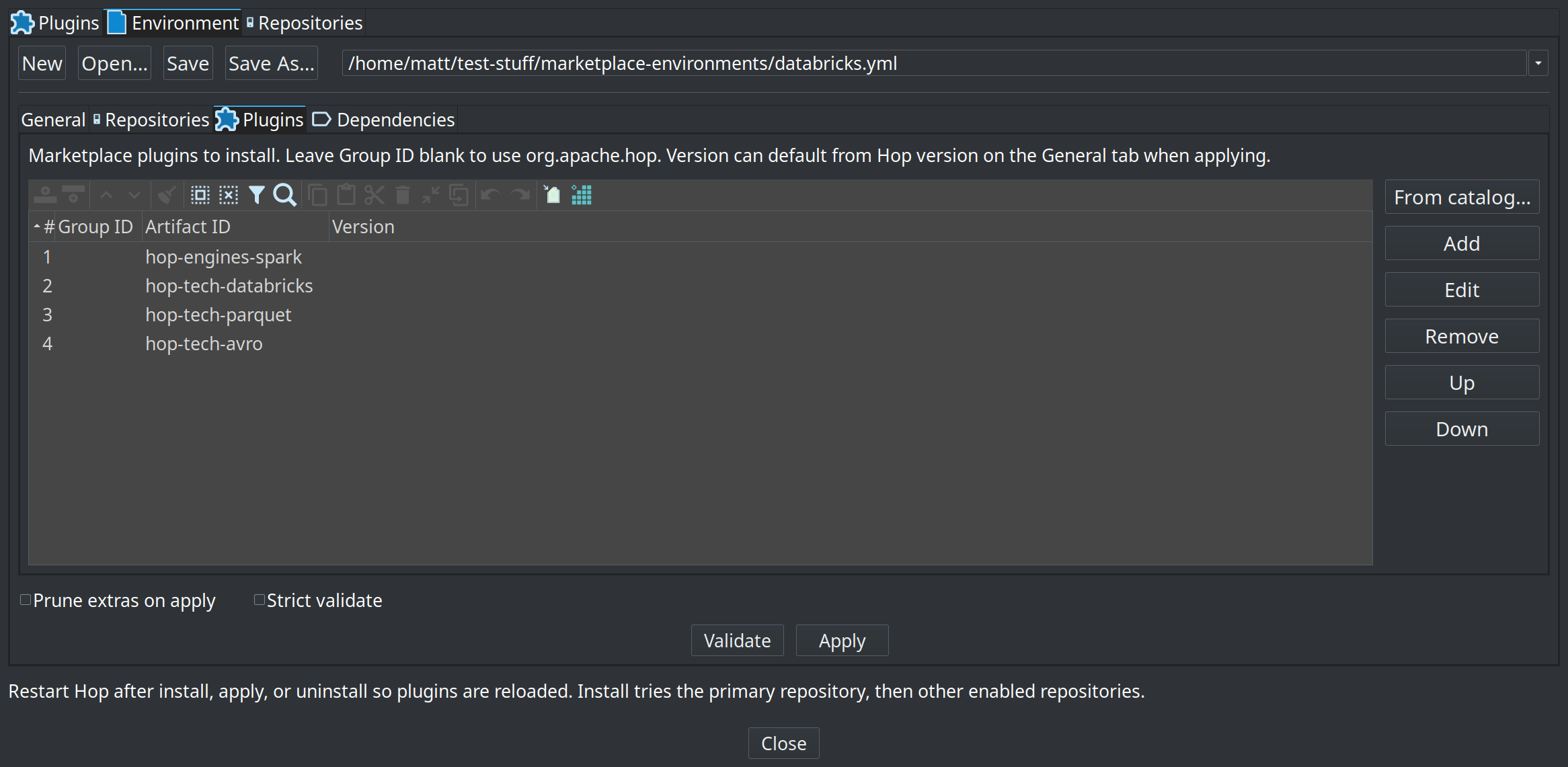 Marketplace dialog Environment tab