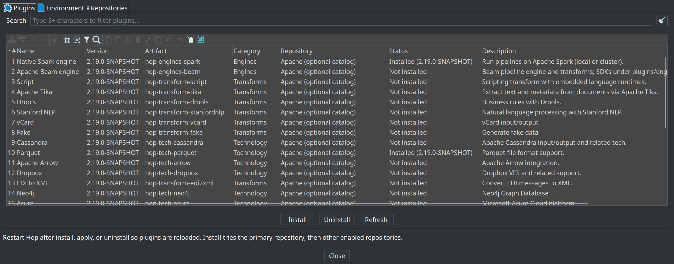 Marketplace dialog Plugins tab