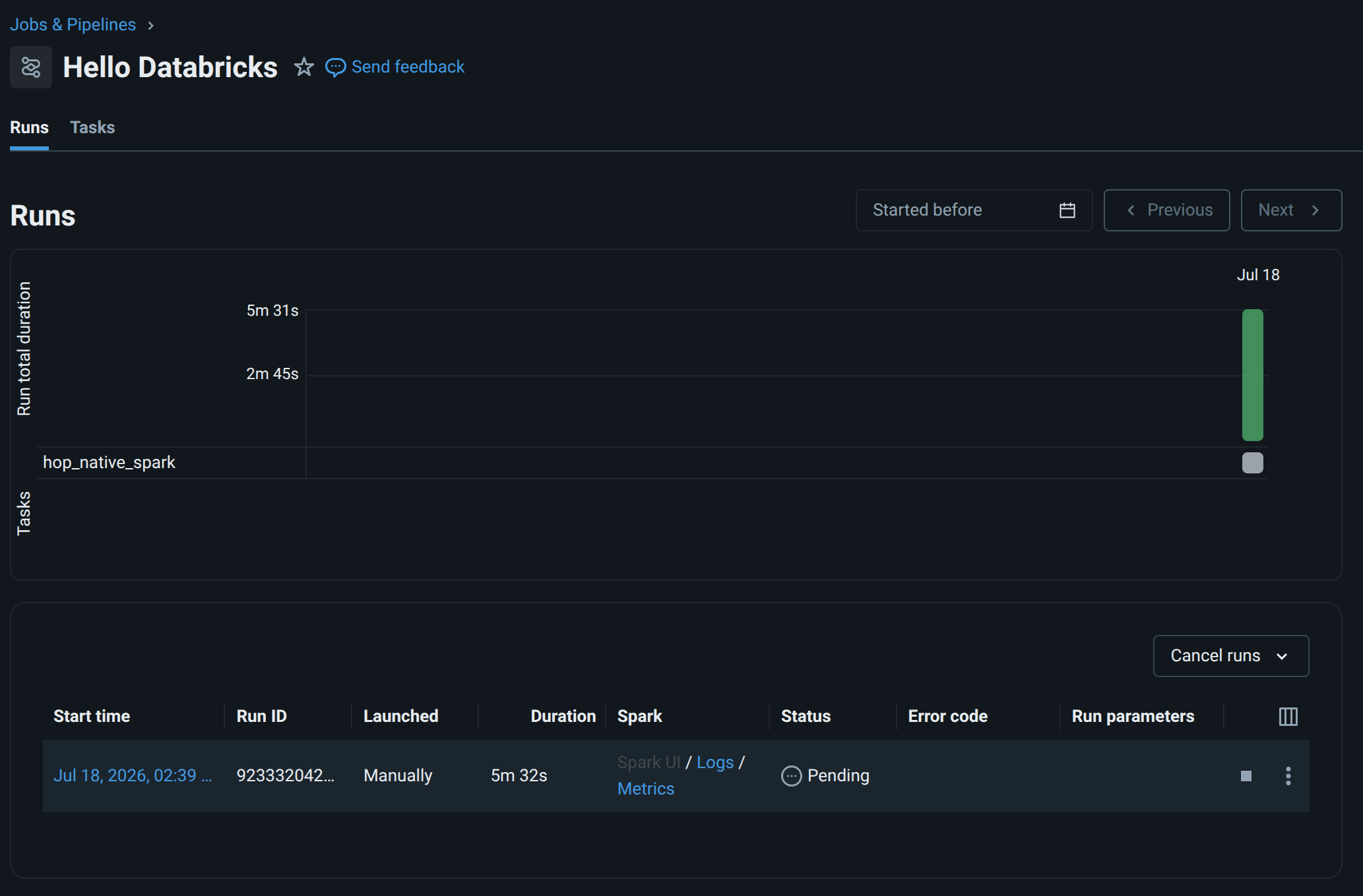 Databricks Jobs run for Hello Databricks showing pipeline Initializing while the job cluster starts
