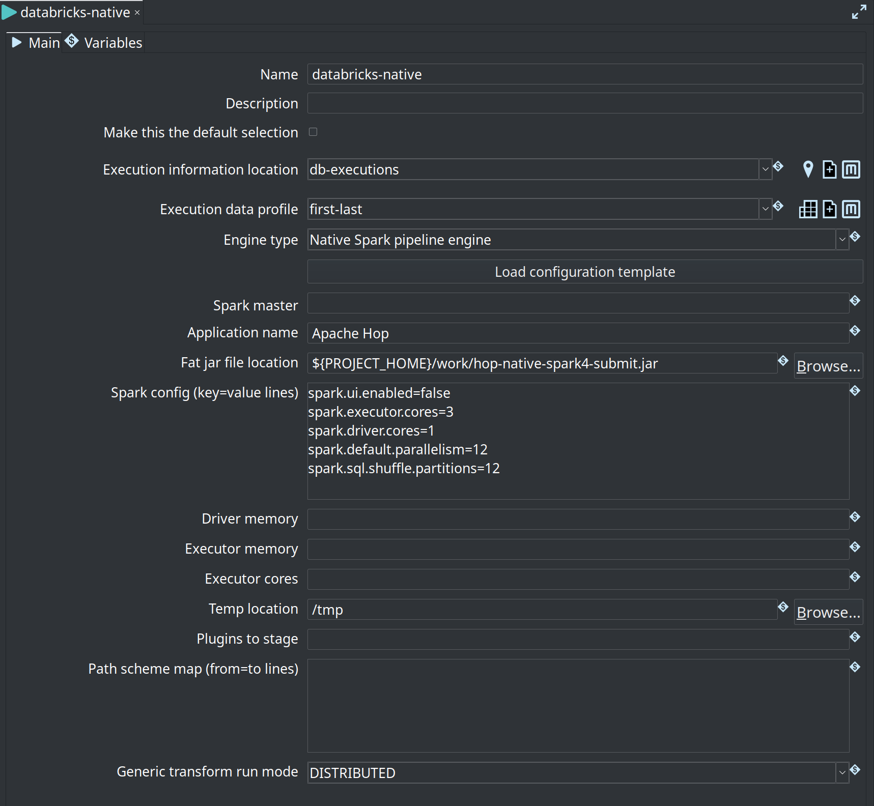 Native Spark pipeline run configuration with execution information location and data profile