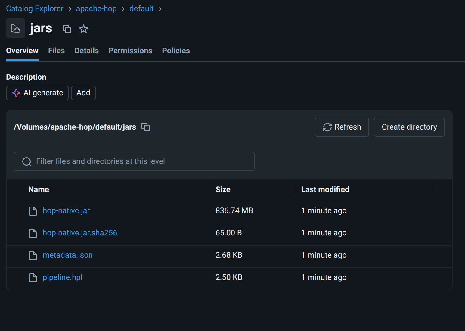 Databricks Catalog Explorer volume jars showing hop-native jar