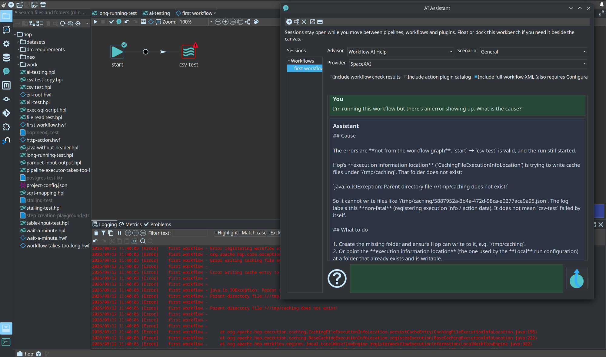 AI Assistant floating over a failed workflow and its execution log