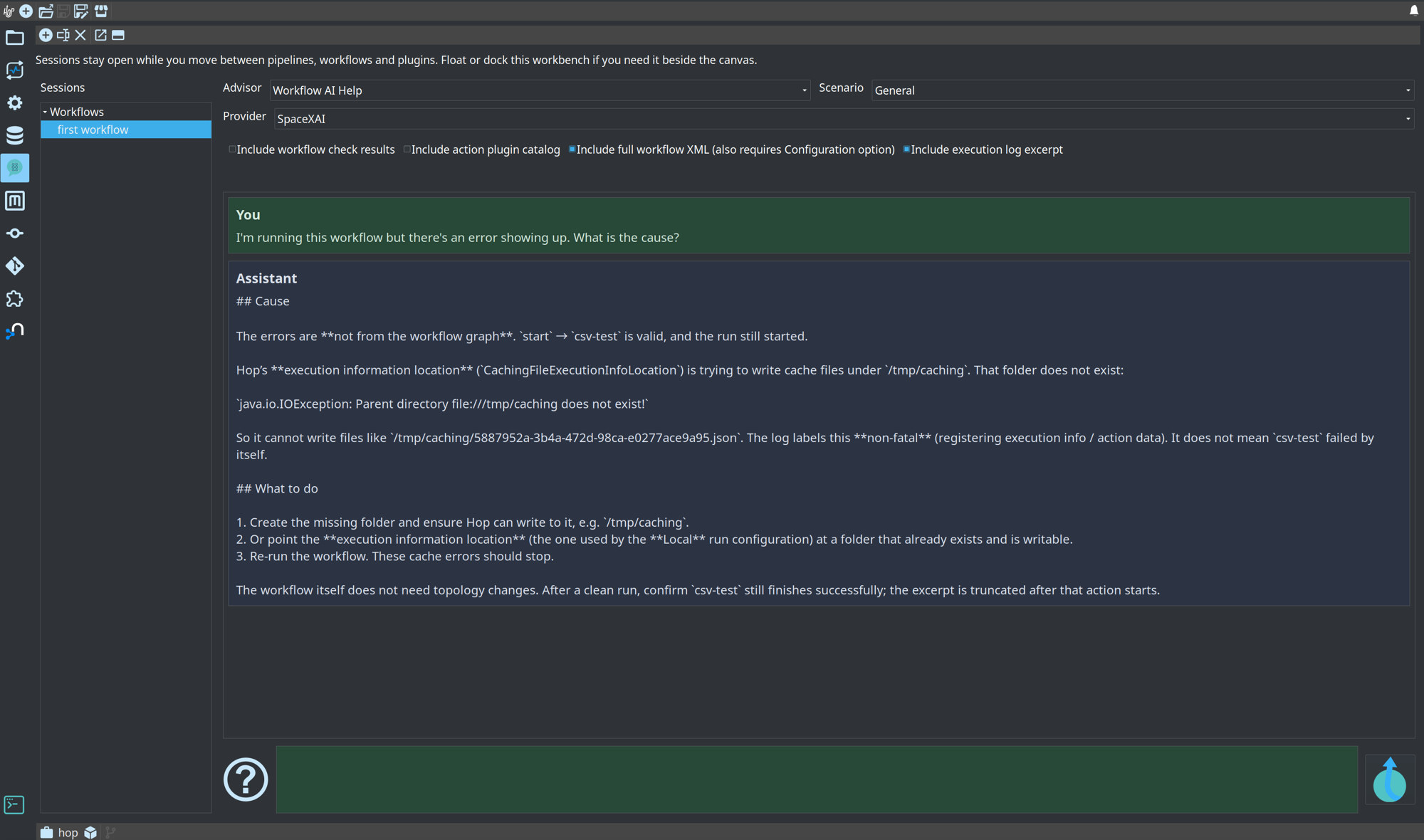 The AI Assistant perspective: session list