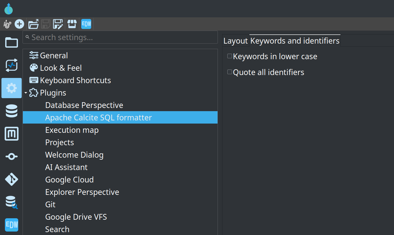 Apache Calcite SQL formatter keyword and identifier options