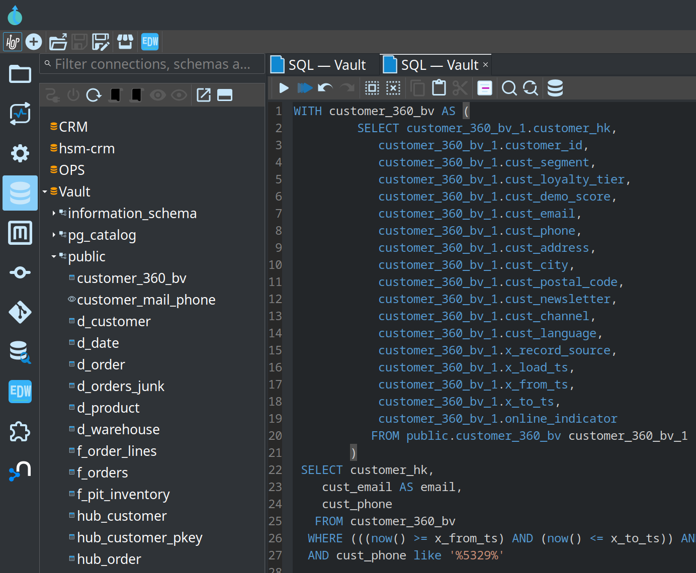 The Database perspective: connection tree on the left and a SQL editor tab