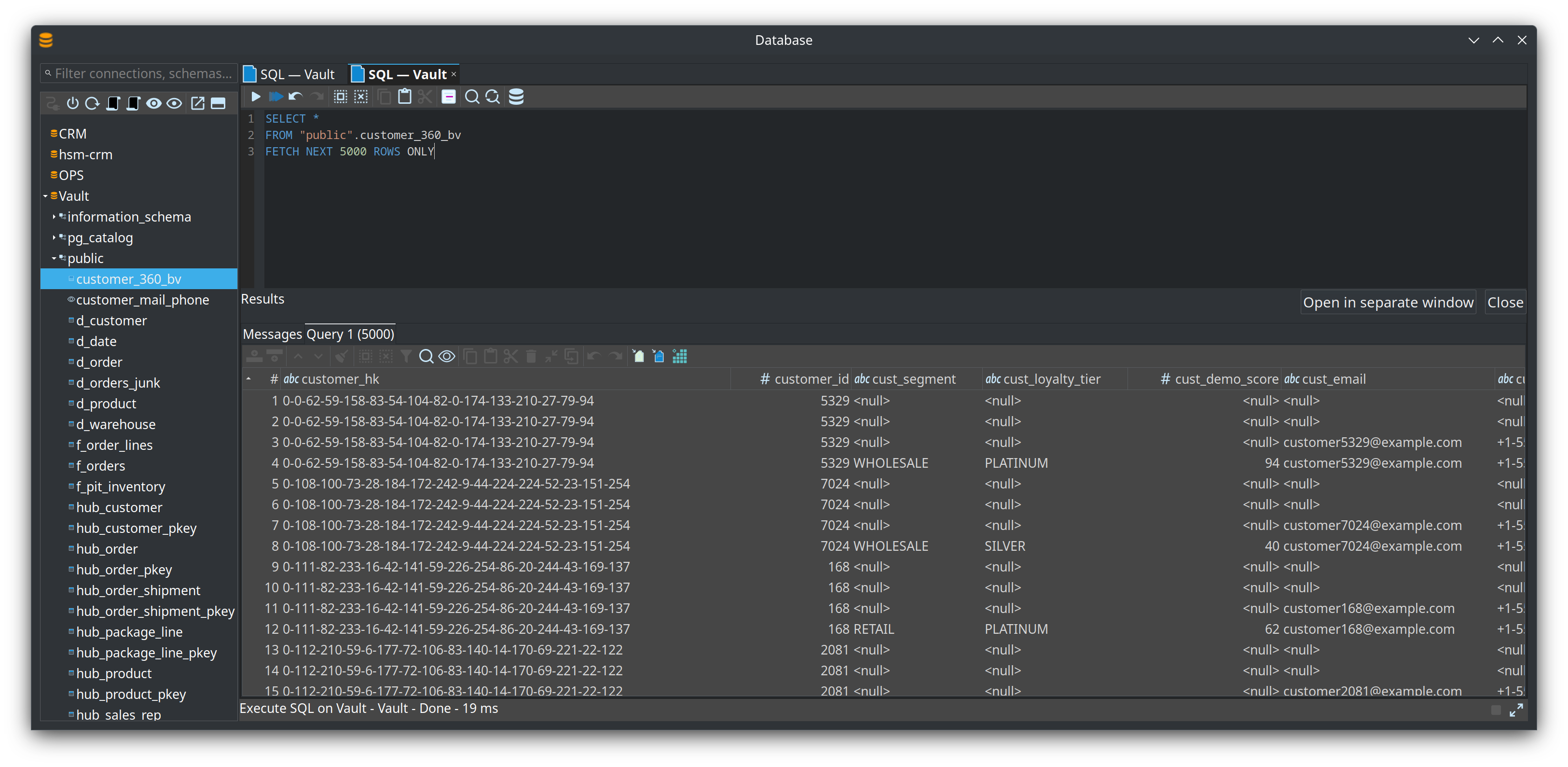 The floating Database window