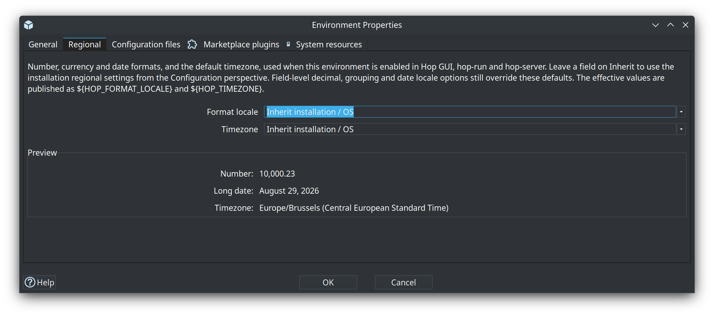 Environment Properties Regional tab