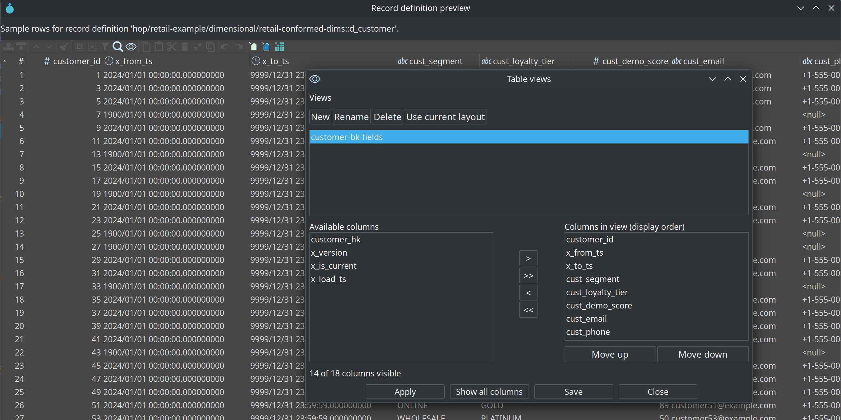 Table views dialog on a wide preview
