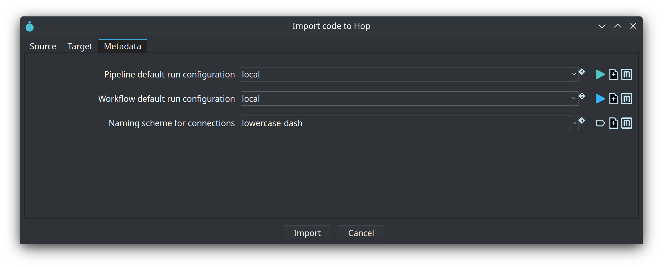 Kettle import dialog Metadata tab