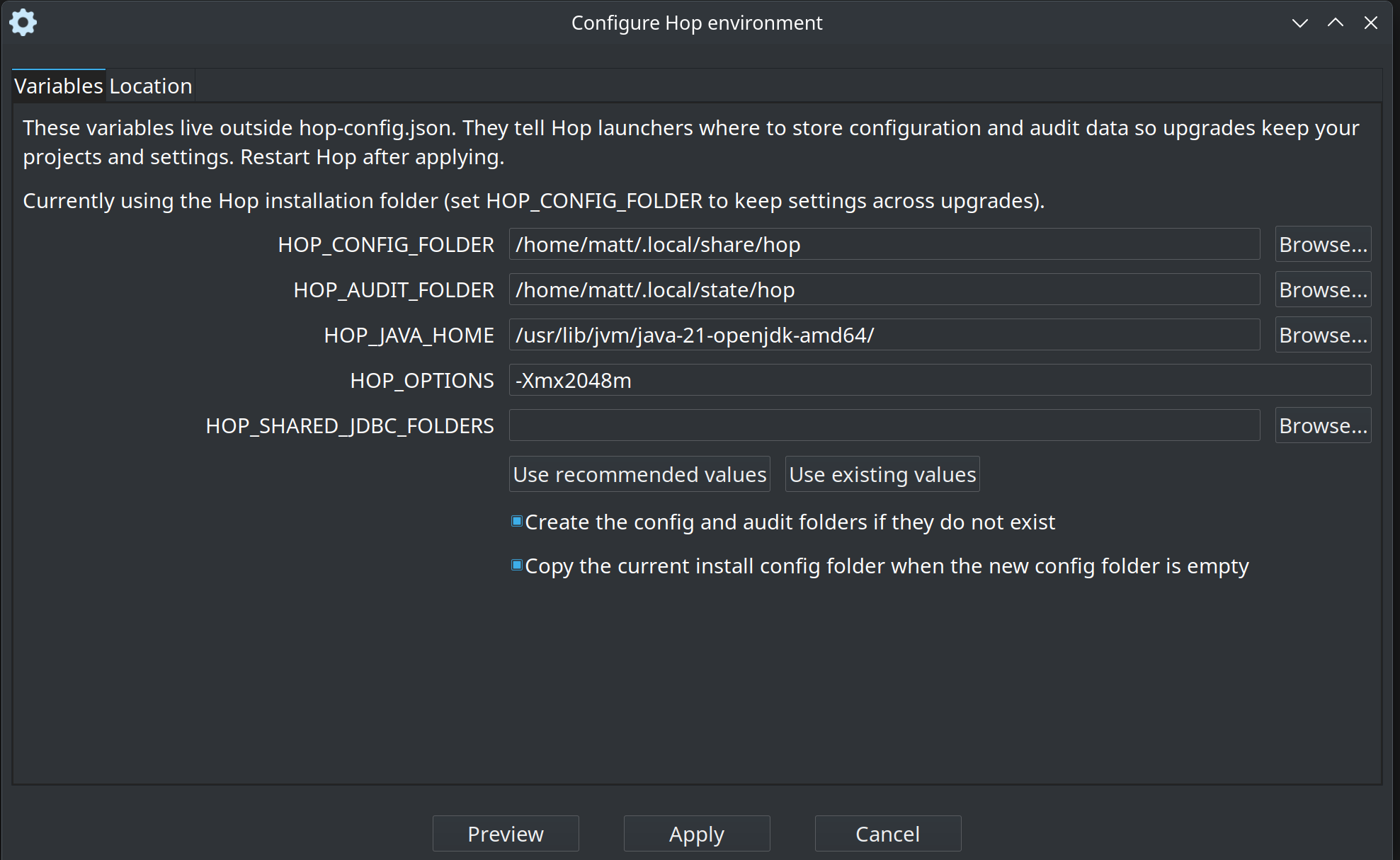 Configure Hop environment dialog