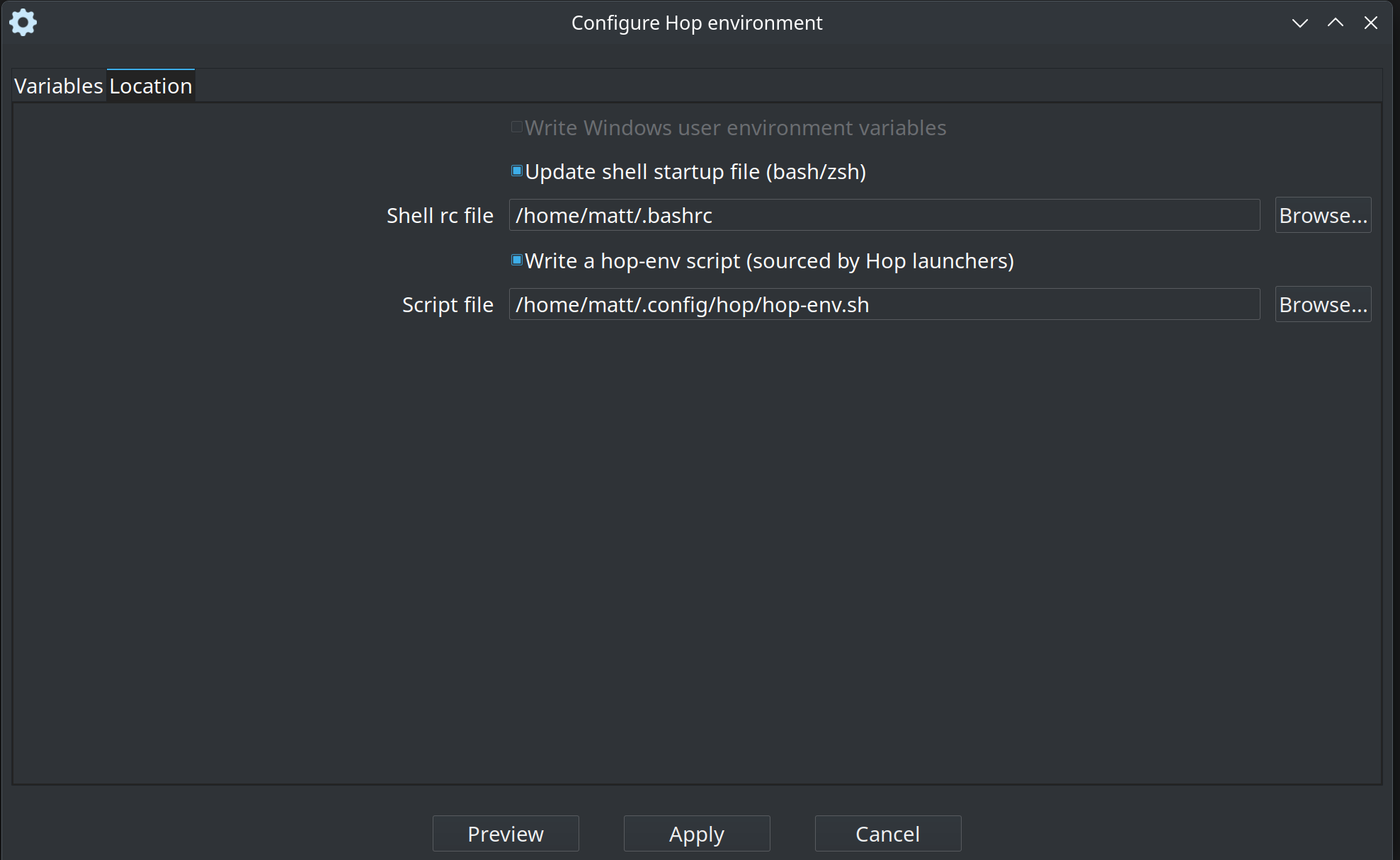 Configure Hop environment dialog