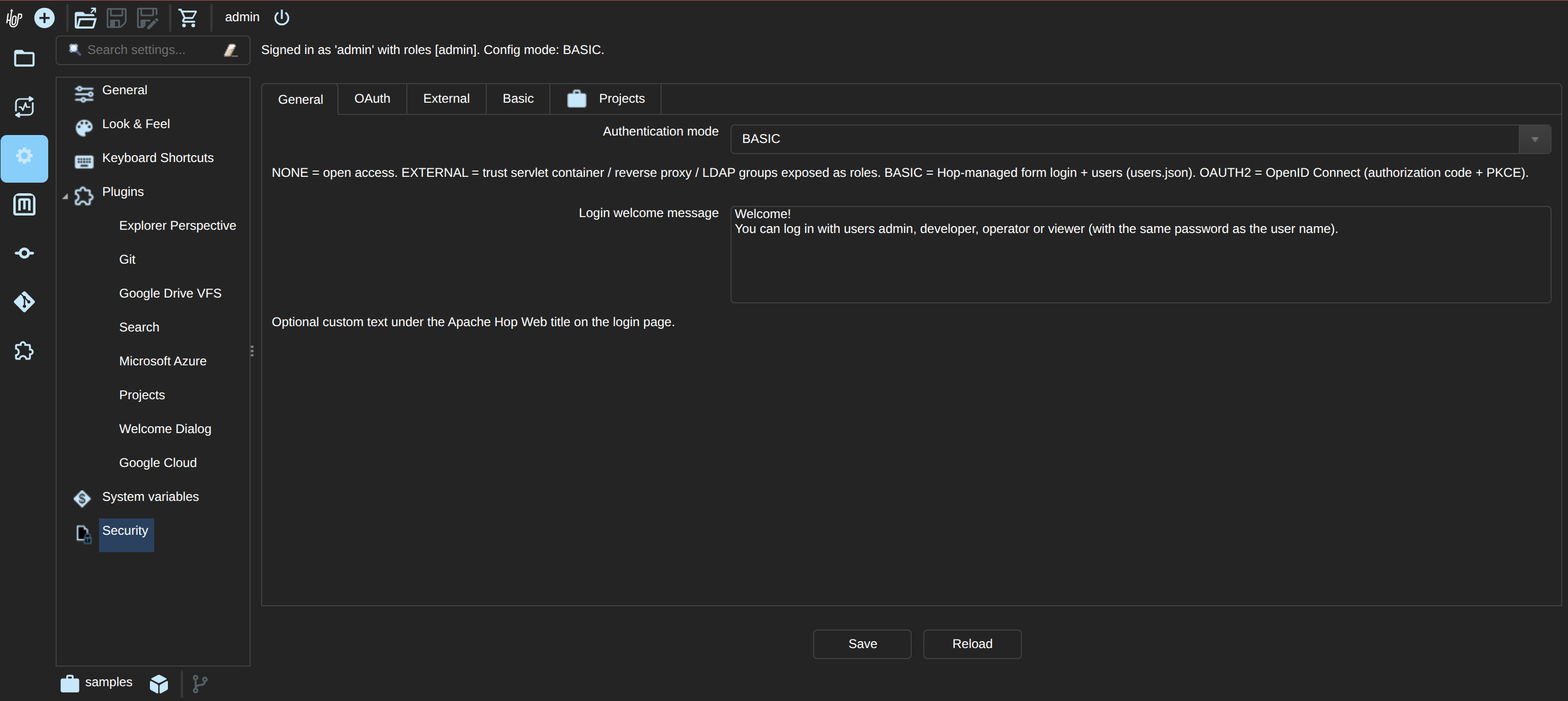 Hop Web Security configuration (Configuration perspective)