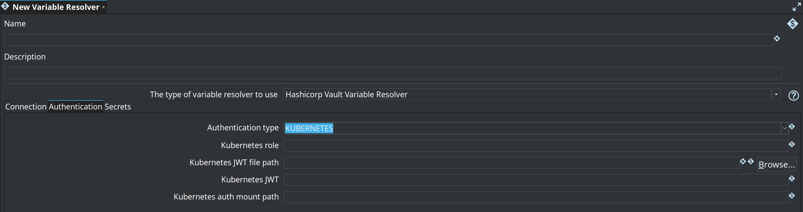 Authentication tab with type KUBERNETES