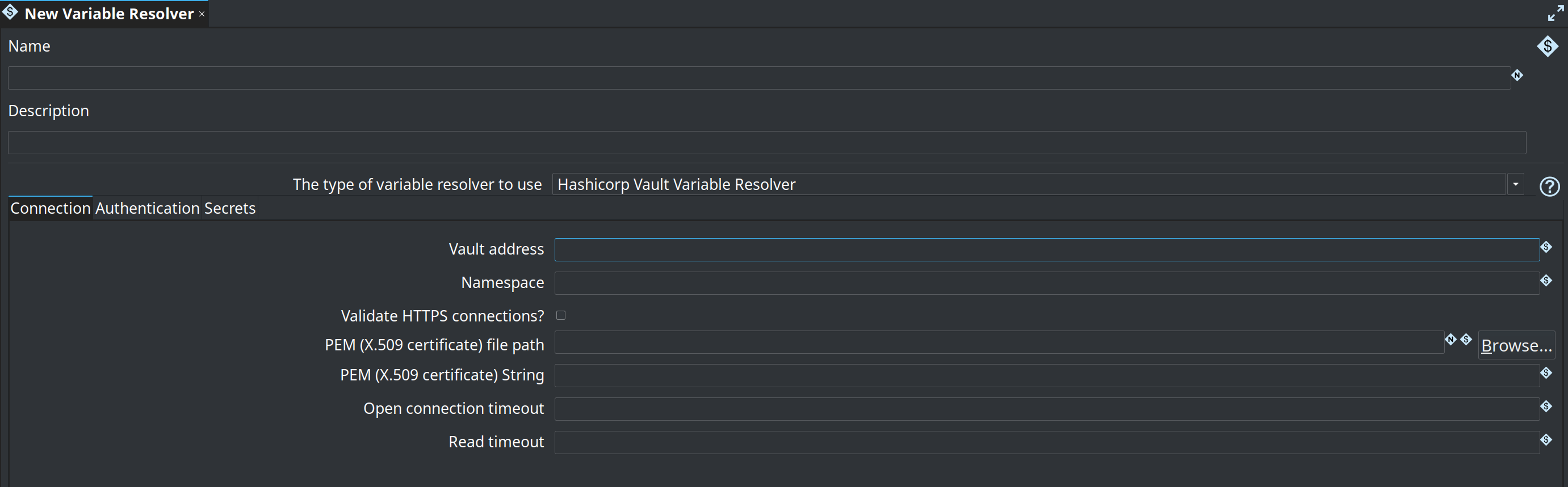 Connection tab of the HashiCorp Vault variable resolver