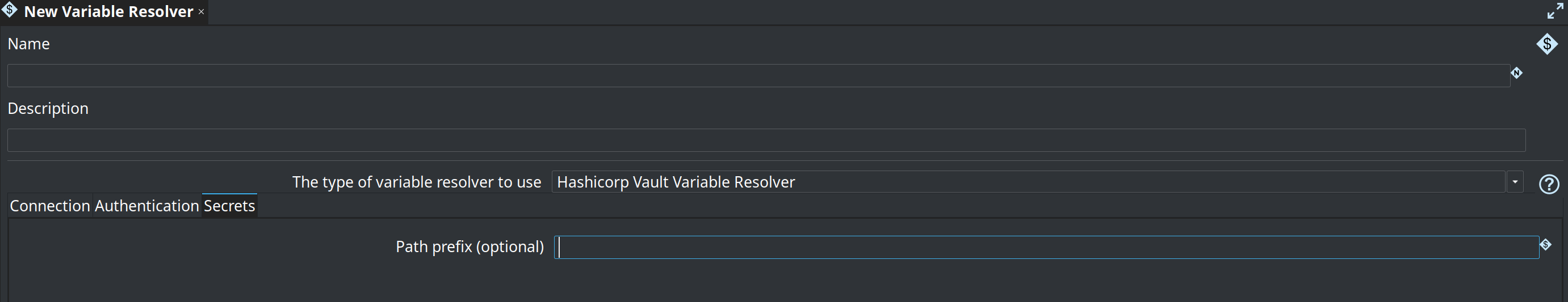 Secrets tab of the HashiCorp Vault variable resolver