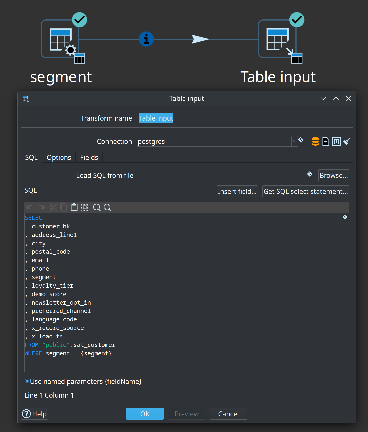 Table Input using named parameter segment from an informational hop