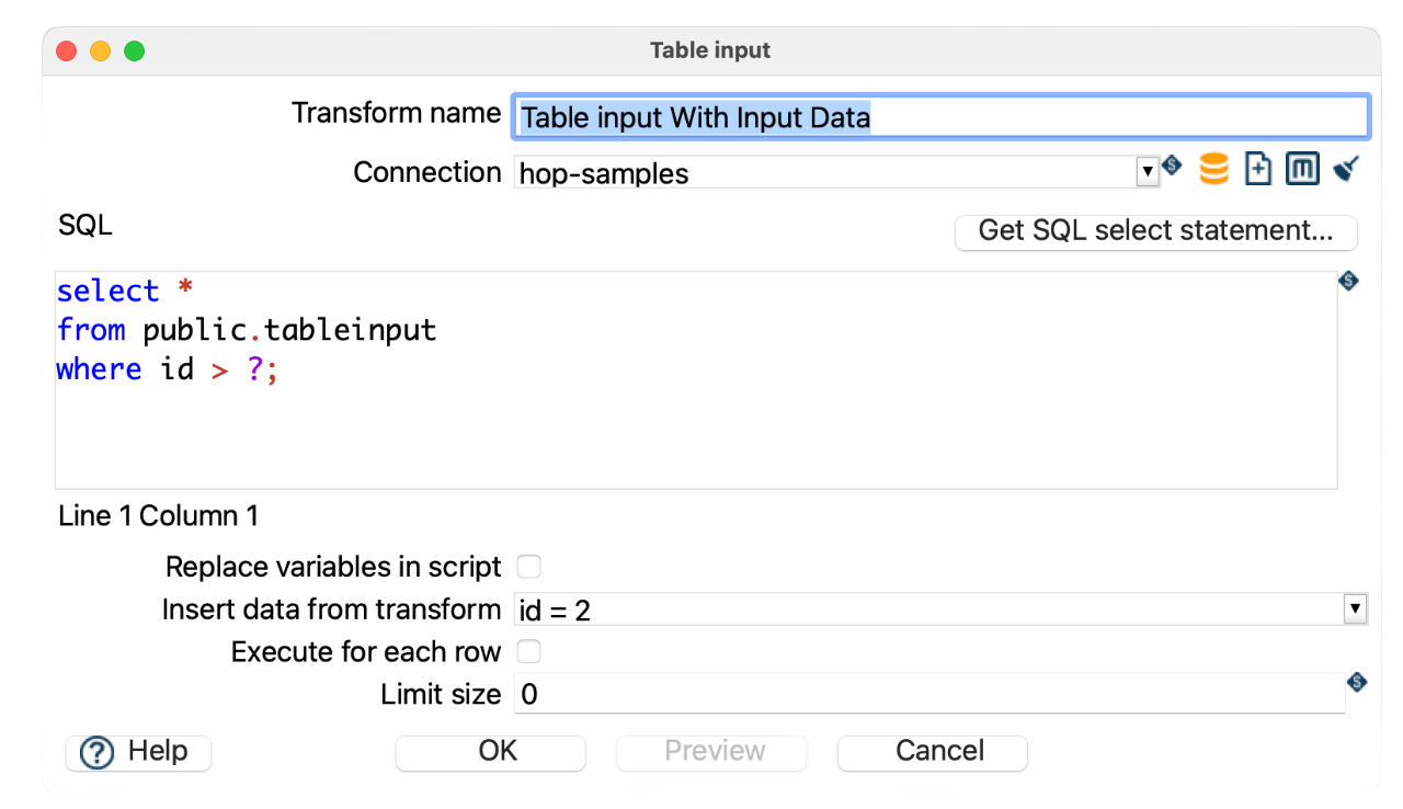 Parameterized query using input fields