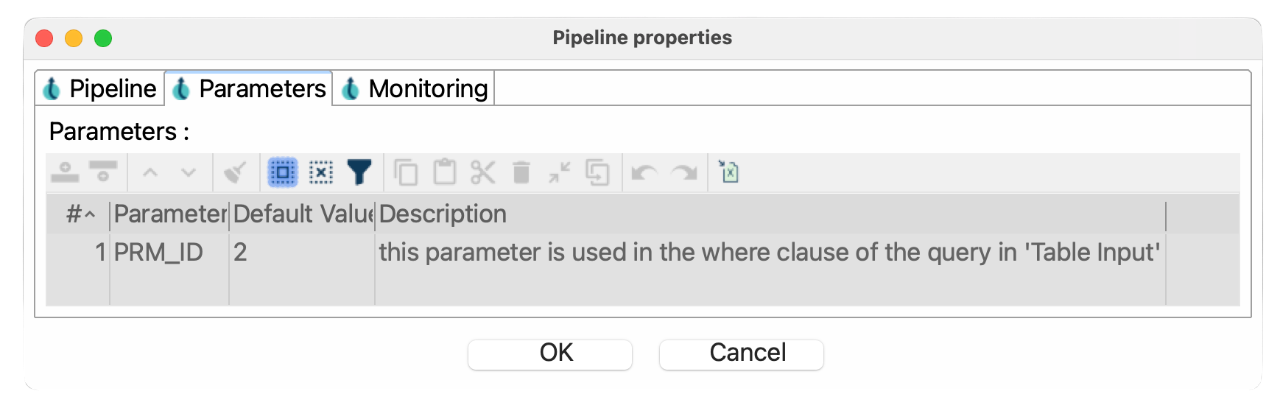 Parameter definition in pipeline